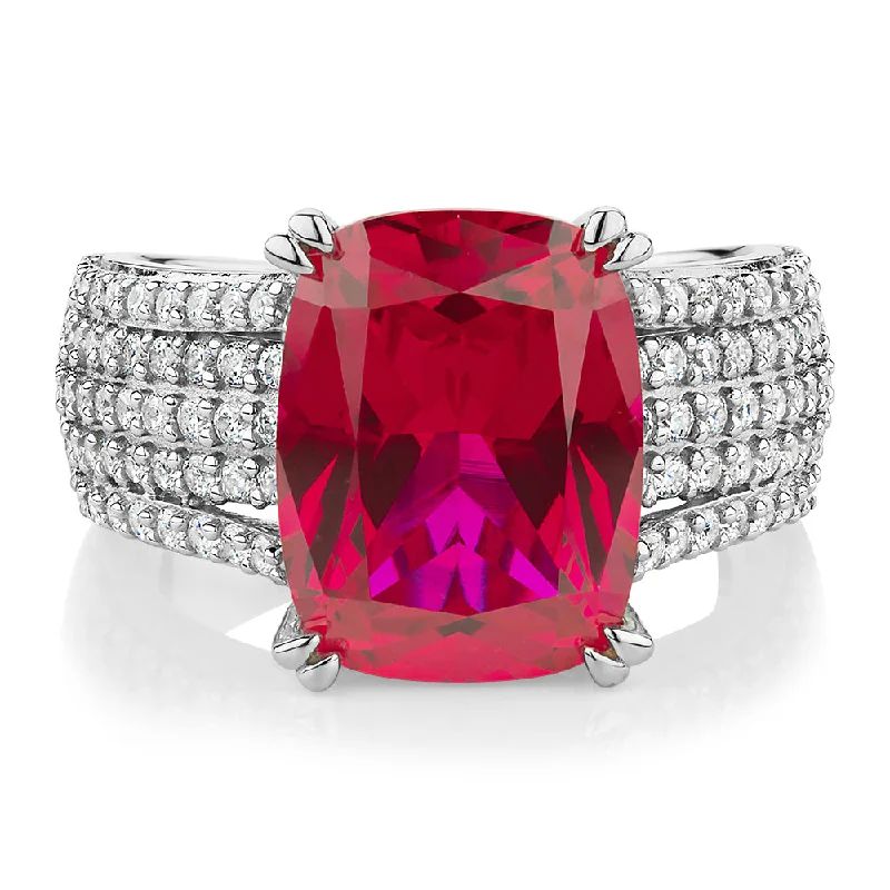 Women’s unique rings-Dress ring with ruby simulant and 0.90 carats* of diamond simulants in sterling silver