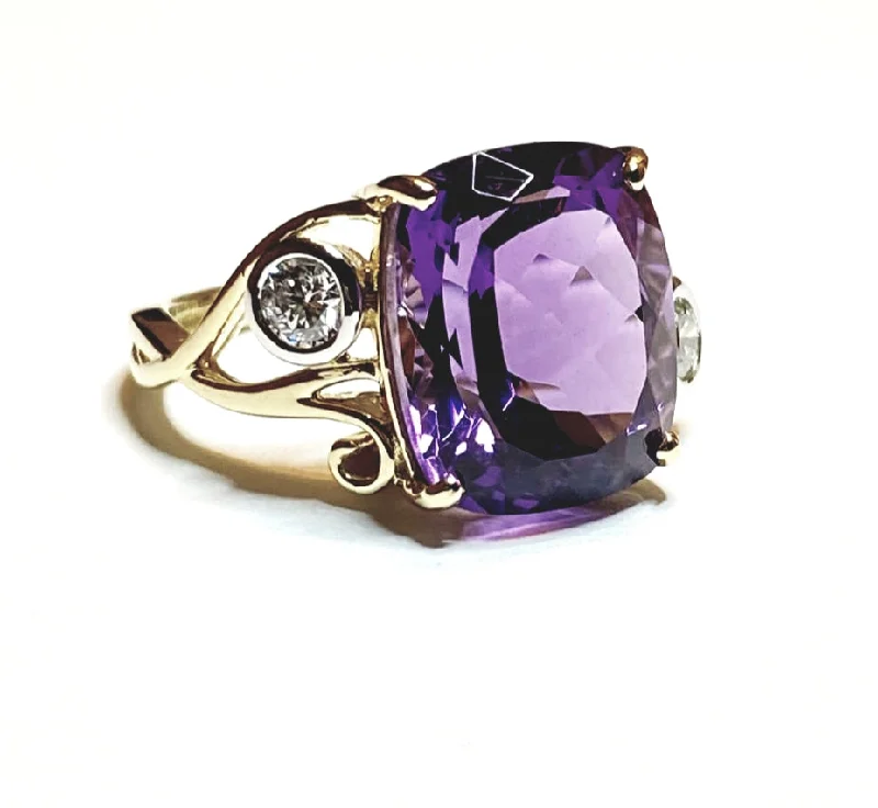 Women’s promise rings-Cushion Amethyst and Diamond Weave Ring in 14k Yellow Gold (13x11)