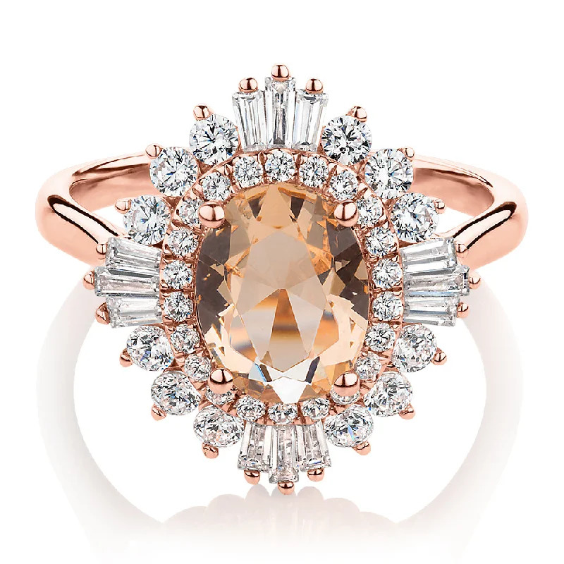 Women’s textured rings-Dress ring with 9x7mm morganite simulant and 1.04 carats* of diamond simulants in 10 carat rose gold