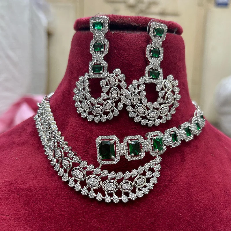 Women’s bridal necklaces-FS Collection Silver Plated AD Choker Necklace Set