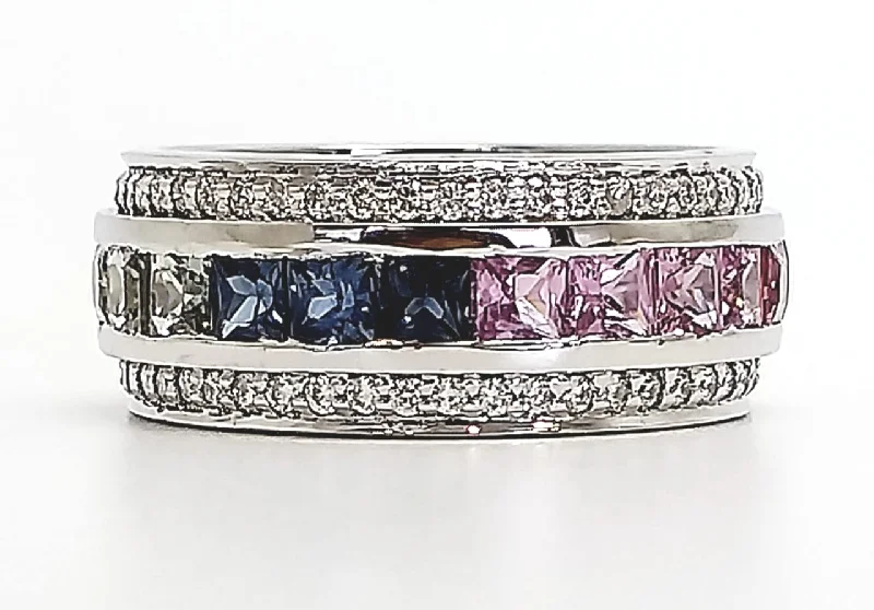 Women’s emerald-cut rings-Channel Set Multi Sapphire and Diamond Ring in 14k White Gold