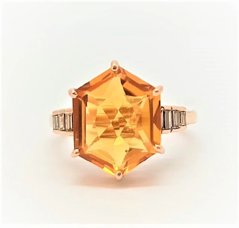 Women’s large rings-CITRINE AND DIAMOND BAGUETTE RING IN 14K ROSE GOLD AD NO.2120