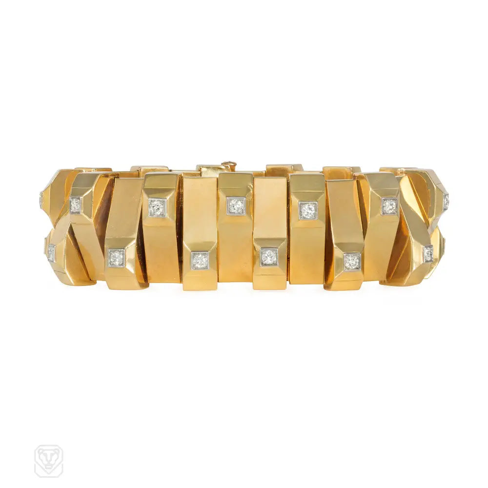 Women’s boho bracelet-René Boivin Art Deco gold and diamond pyramid-link bracelet