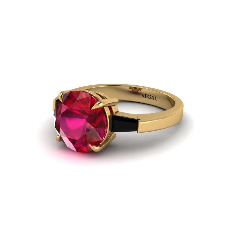 Women’s platinum engagement ring-3 Stone Round Cut Ruby With 2 Baguettes Engagement Ring - Gwendolyn No. 40