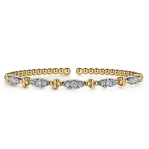 Women’s engraved bangle-14K White Yellow Gold Bujukan Beads and Diamond Station Split Bangle Bracelet