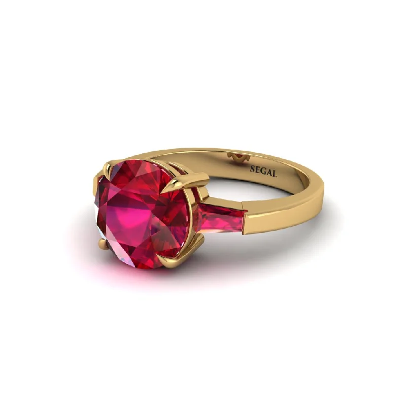 Women’s floral engagement ring-3 Stone Round Cut Ruby With 2 Baguettes Engagement Ring - Gwendolyn No. 55