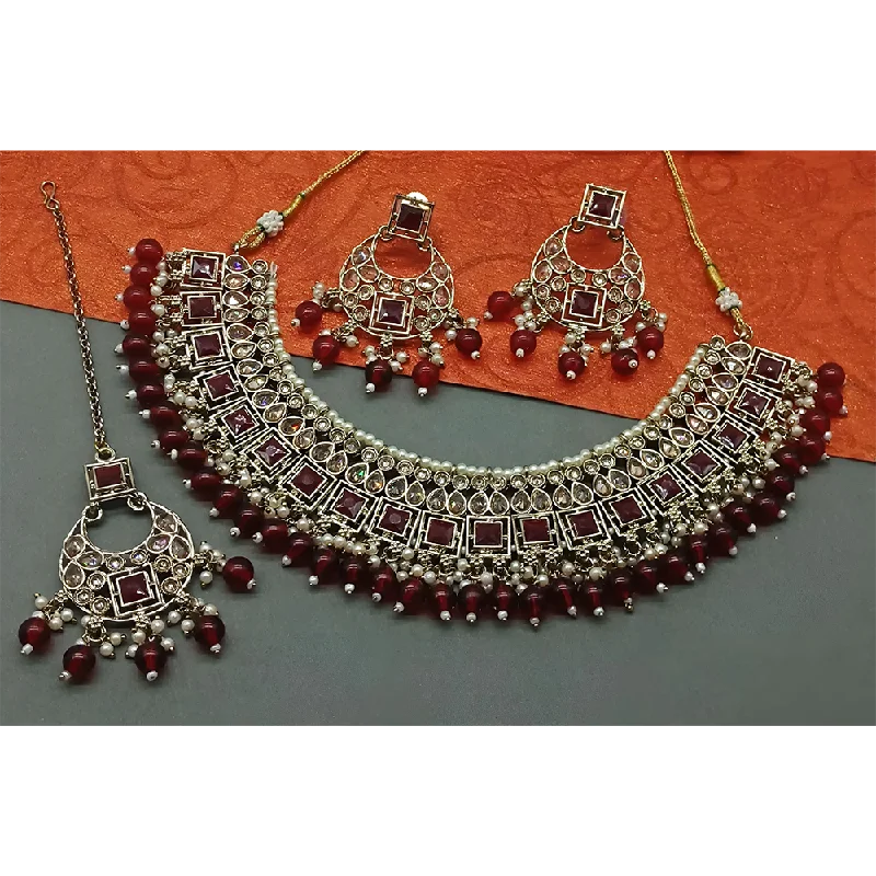 Women’s vintage necklaces-Gehana Mahal Gold Plated Crystal Stone Pearl And Beads Necklace Set