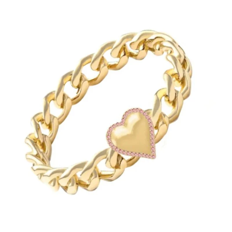 Women’s adjustable gemstone rings-Puffy Gold Heart with Pink Sapphire Pave Outline Cuban Ring