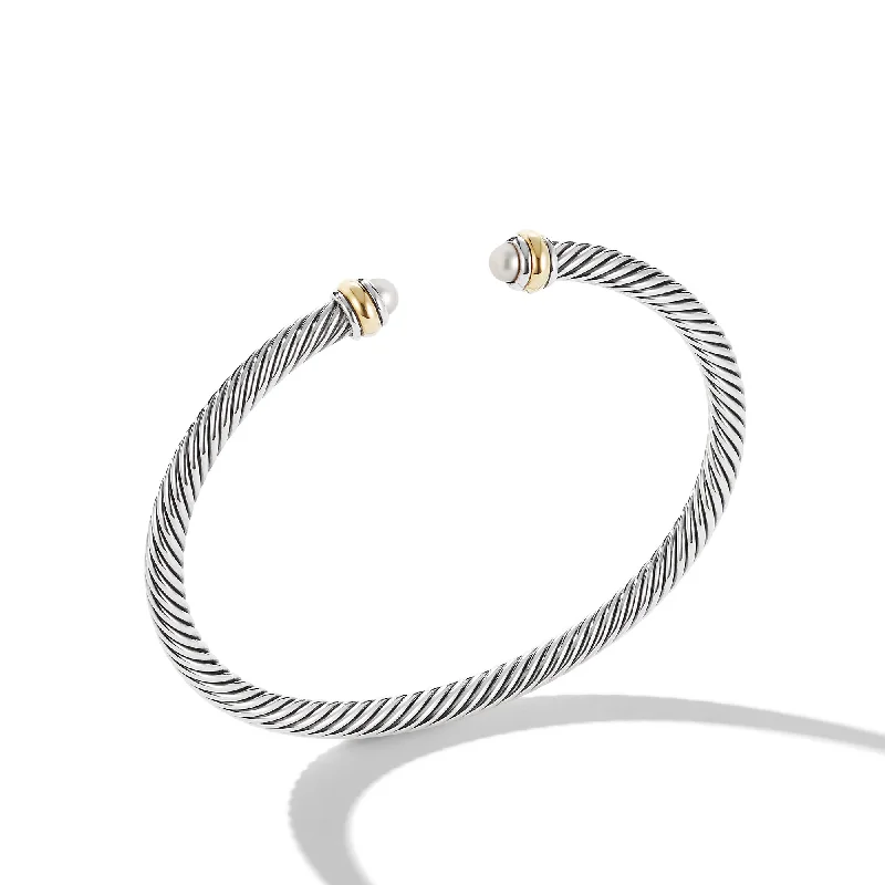 Women’s rainbow bracelet-Classic Cable Bracelet in Sterling Silver with 18K Yellow Gold and Pearls\, 4mm