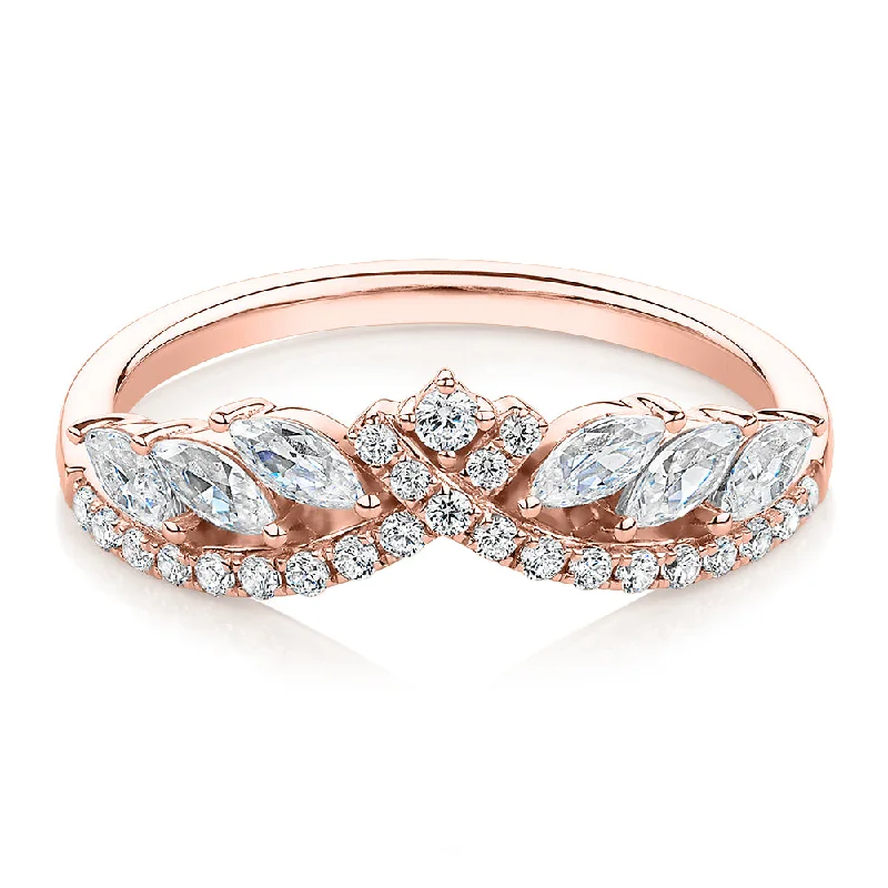 Women’s gold rings-Marquise curved wedding or eternity band with 0.76 carats* of diamond simulants in 10 carat rose gold