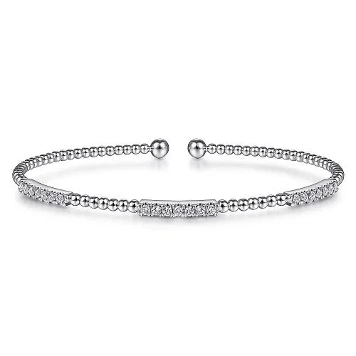 Women’s friendship bracelet-14K White Gold Bujukan Bead Cuff Bracelet with Diamond Pave Stations