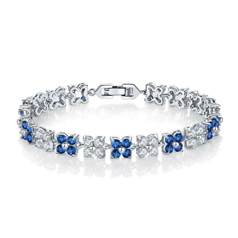 Women’s modern bracelet-Flower Cubic Zirconia Tennis Bracelet with Round Cut Sapphire Cubic Zirconia