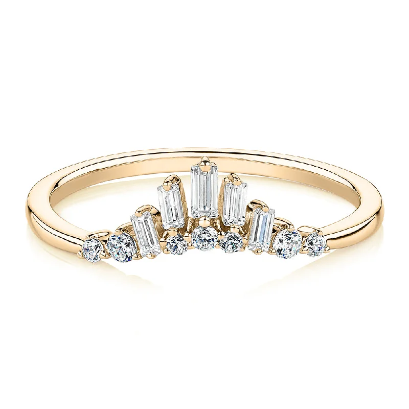 Women’s flower-shaped rings-Baguette curved wedding or eternity band with 0.35 carats* of diamond simulants in 10 carat yellow gold