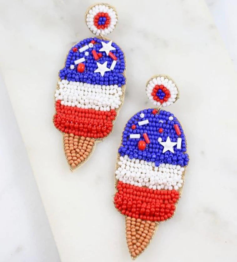 Women’s floral drop earrings-Beaded Earrings, Patriotic Ice Cream Cones