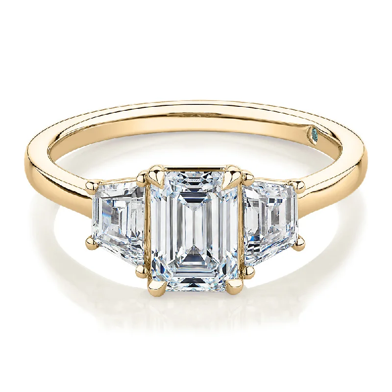 Women’s adjustable gemstone rings-Premium Certified Lab-Grown Diamond, 1.87 carat TW emerald cut three stone ring in 14 carat yellow gold