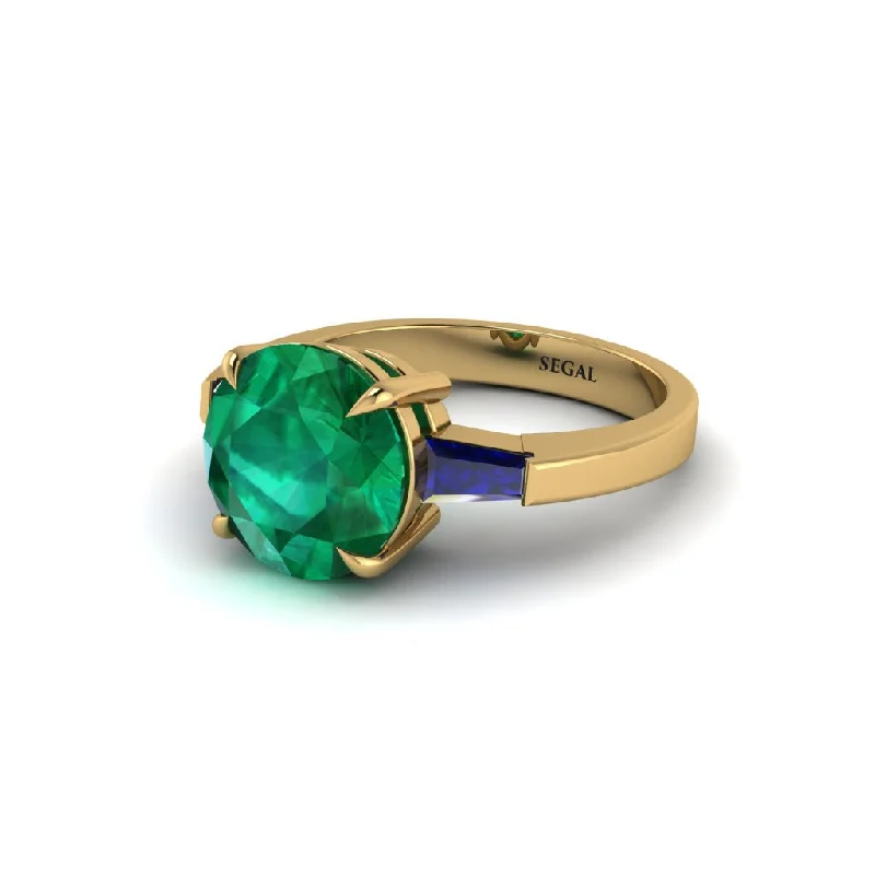 Women’s gemstone wedding ring-3 Stone Round Cut Emerald With 2 Baguettes Engagement Ring - Gwendolyn No. 64