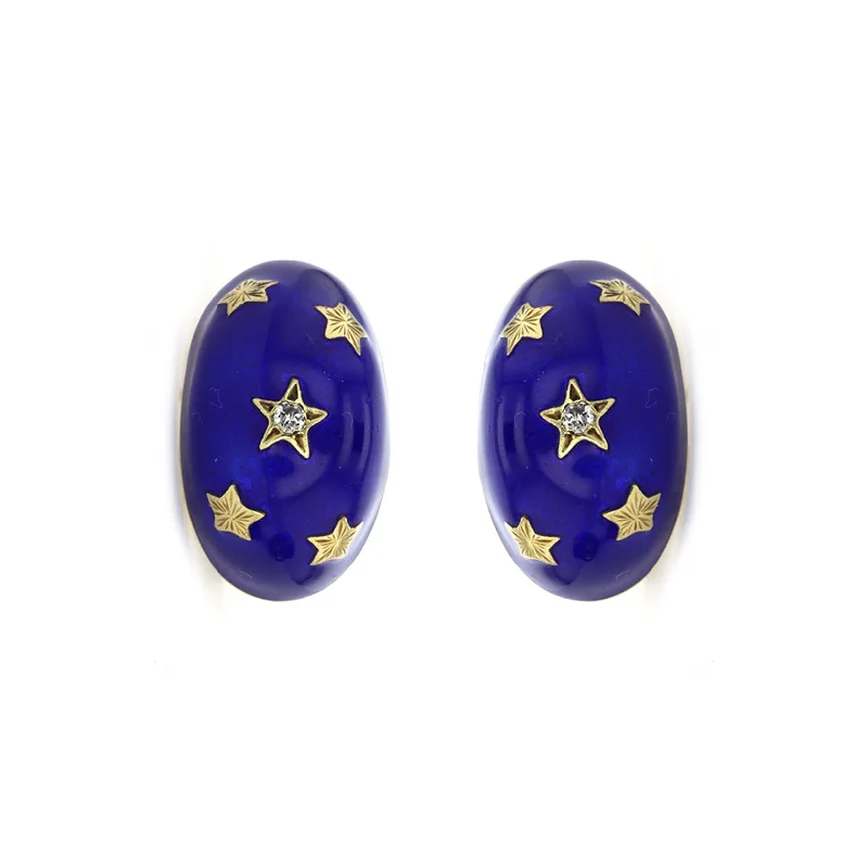 Women’s drop earrings-Blue Enamel & Diamond Earrings