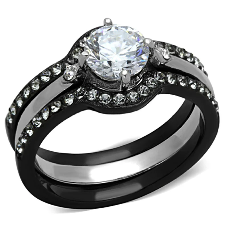 Women’s platinum engagement ring-3 PCS Round Cut Black IP Two-Tone Stainless Steel Engagement Ring Set