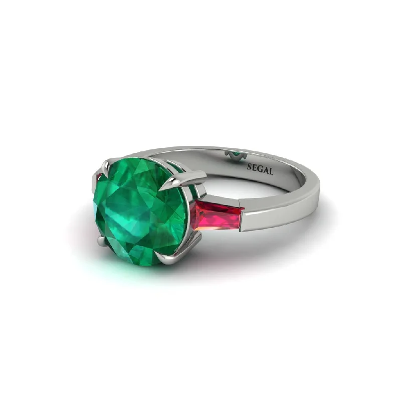 Women’s affordable engagement ring-3 Stone Round Cut Emerald With 2 Baguettes Engagement Ring - Gwendolyn No. 51