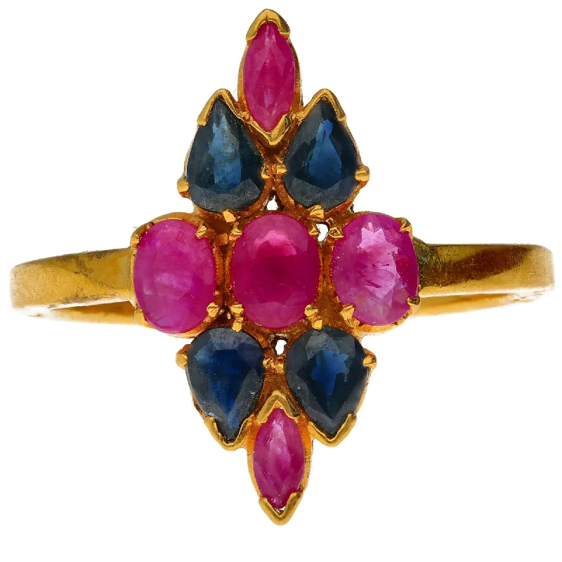 Women’s cocktail rings-22K Yellow Gold, Ruby, & Sapphire Lozenge Ring