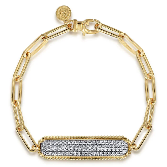 Women’s chic bangle-14K Yellow Gold Hollow Paperclip Chain Diamond Pave ID Bracelet