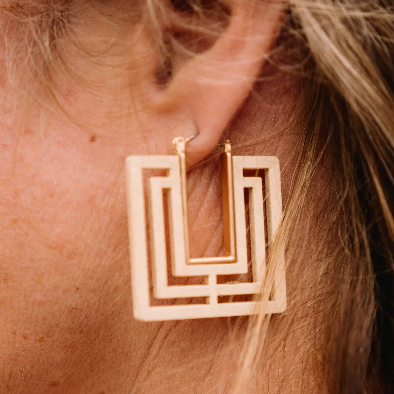 Women’s fashionable earrings-Squares On My Mind Wood Square Cut Out Earrings