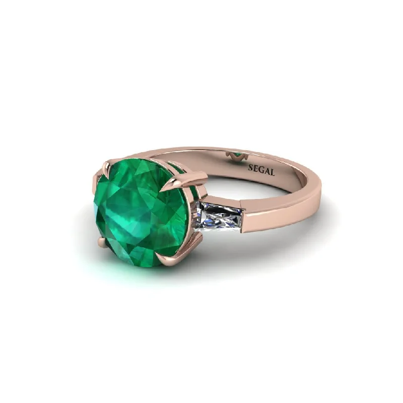 Women’s stylish engagement ring-3 Stone Round Cut Emerald With 2 Baguettes Engagement Ring - Gwendolyn No. 5