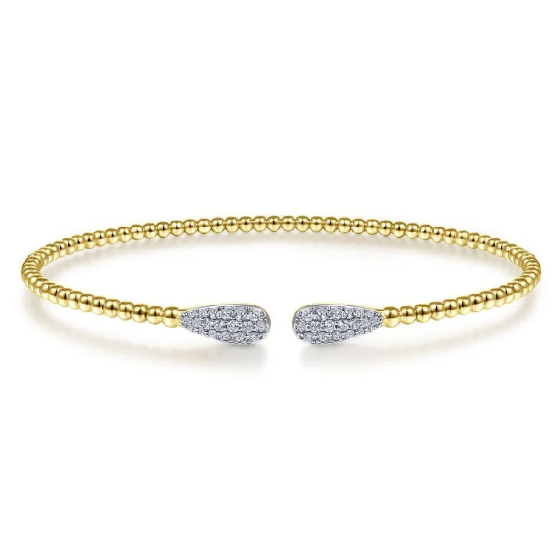 Women’s engraved cuff bracelet-14K Yellow Gold Bujukan Bead Cuff Bracelet with Diamond Pave Teardrops