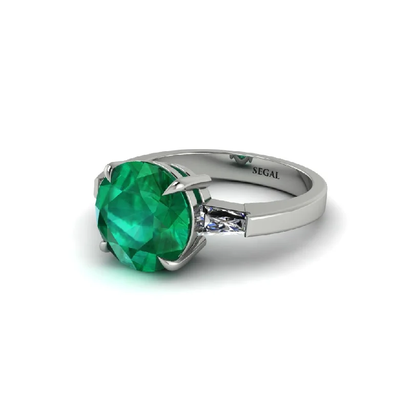 Women’s bridal engagement ring-3 Stone Round Cut Emerald With 2 Baguettes Engagement Ring - Gwendolyn No. 6