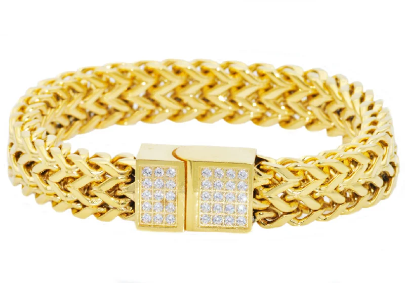 Women’s fashion cuff bracelet-Mens Gold Stainless Steel Bracelet With Cubic Zirconia