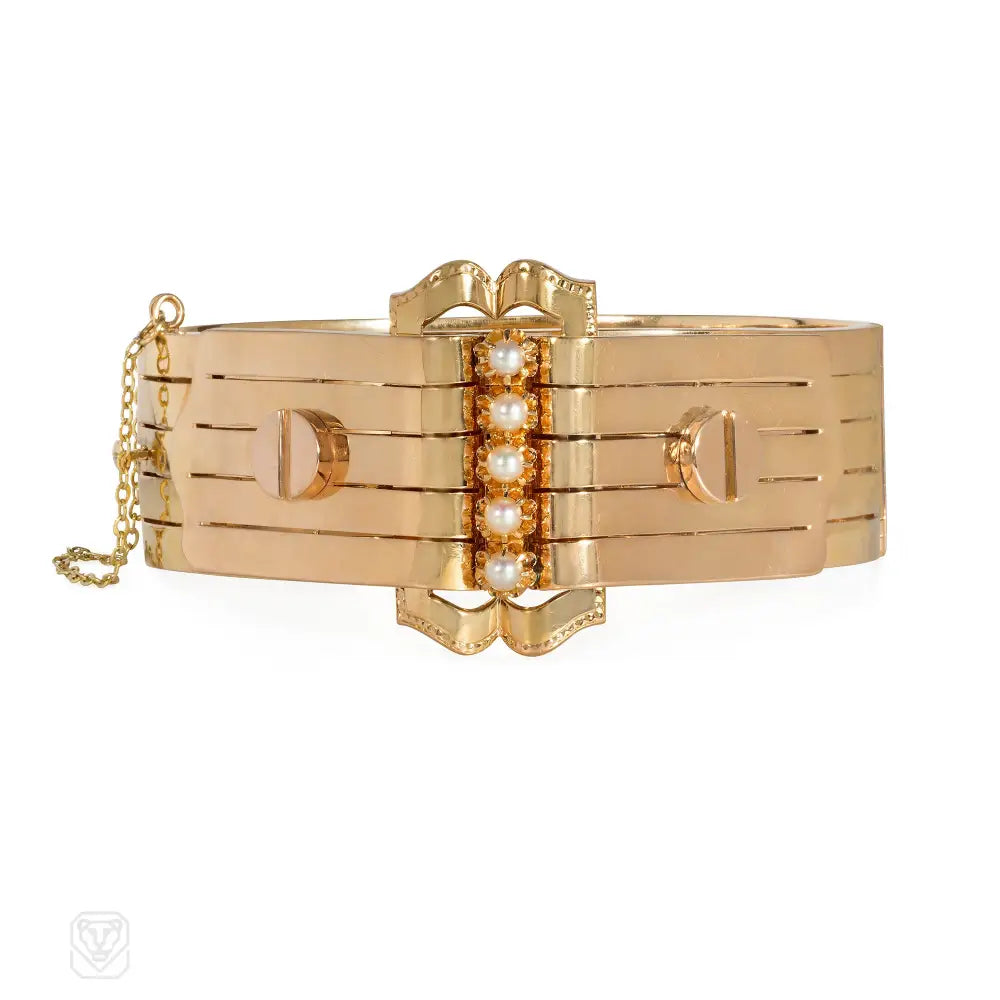 Women’s engraved bracelet-Antique French pearl and rose gold buckle bracelet