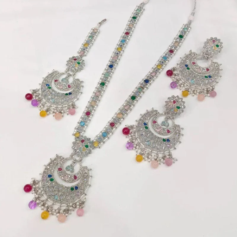 Women’s chunky gold necklaces-Jcm Jewellery Silver Plated Crystal Stone And Pearls Long Necklace Set