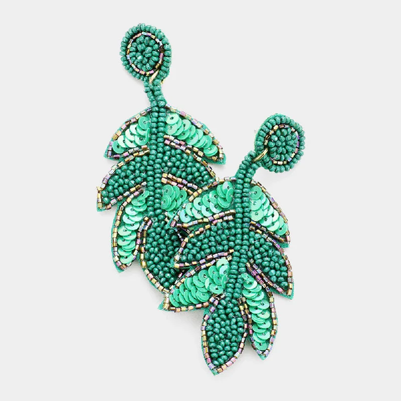 Women’s statement earrings-Beaded Earrings, Green Palm Leaves