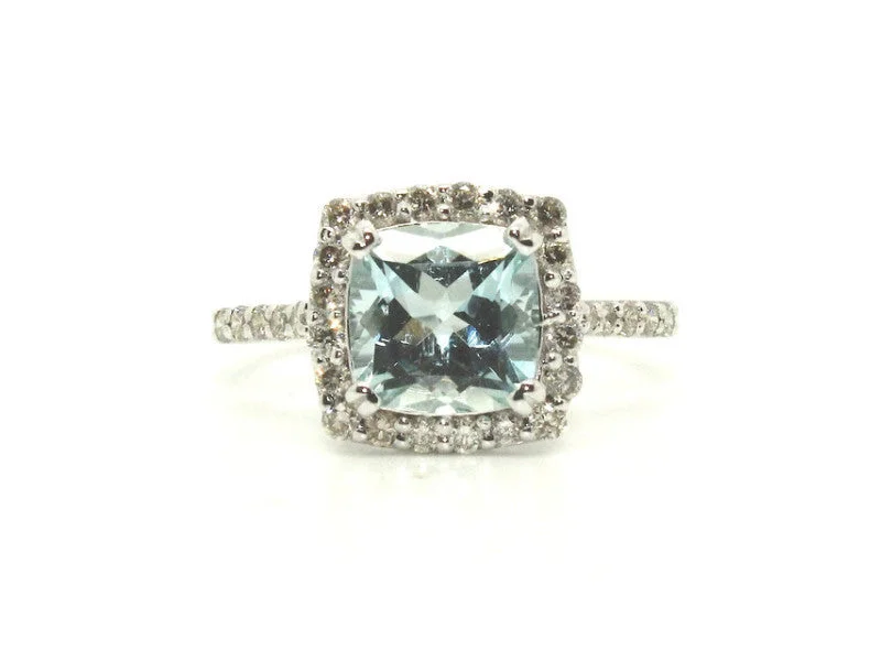 Women’s sparkly rings-Aquamarine & Diamond Cushion Cluster Ring/ Item Code: RNG 2