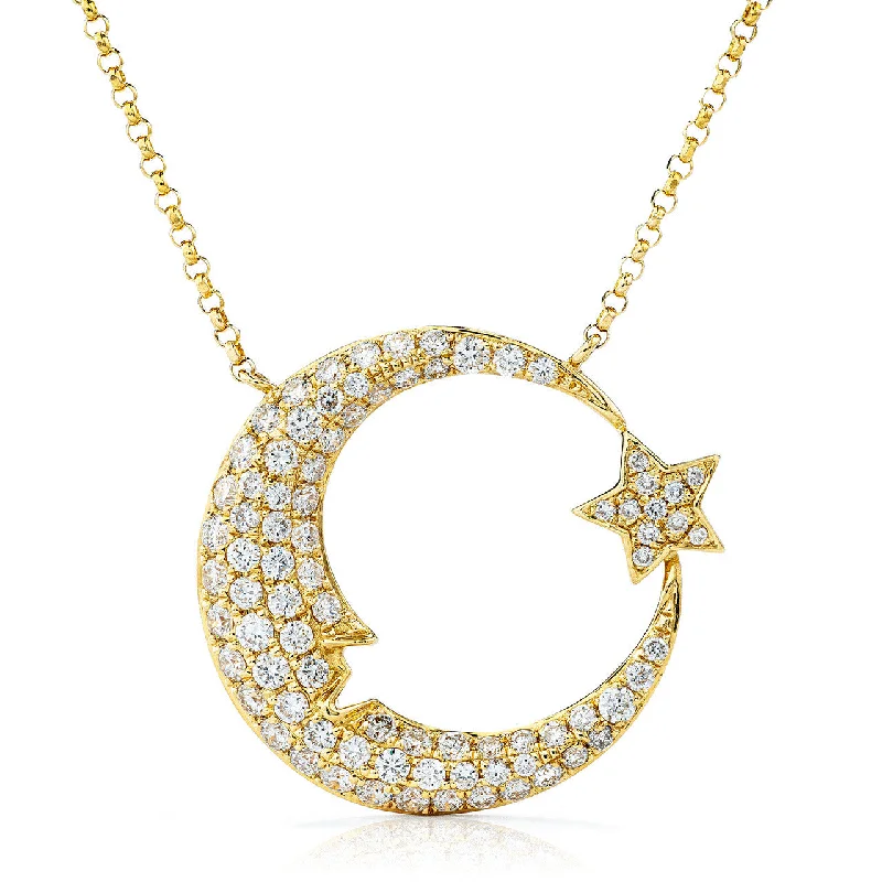 Women’s luxury gemstone necklaces-18k Yellow Gold 0.94ct Diamond Moon and Star Necklace