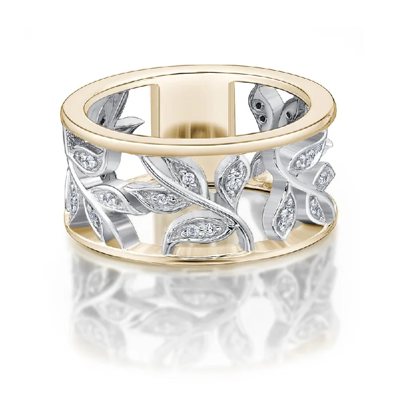 Women’s handmade rings-Floral Ring in Yellow Gold with White Gold Setting