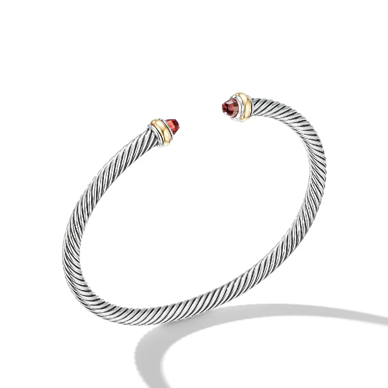 Women’s wedding bangle-Classic Cable Bracelet in Sterling Silver with 18K Yellow Gold and Garnets\, 4mm