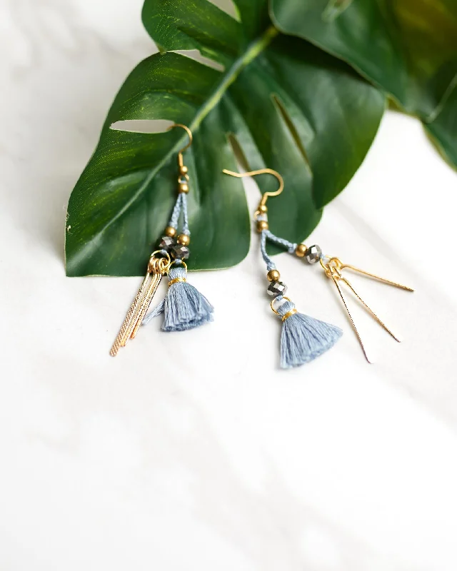 Women’s crystal drop earrings-Dusty Blue Bar and Tassel Earrings