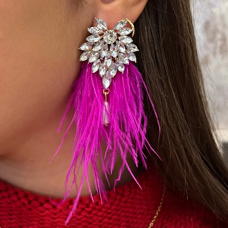 Women’s drop earrings-Paloma Fuchsia Feather Rhinestone Stud Earrings