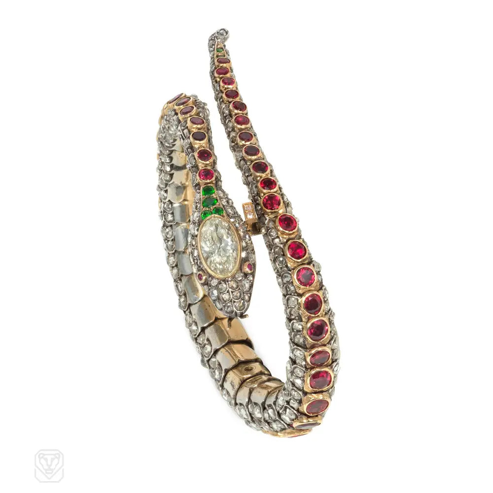 Women’s engraved cuff bracelet-Important antique multigem snake bracelet