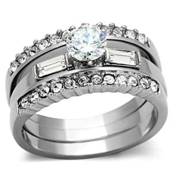 Women’s sapphire engagement ring-5x5mm Round CZ Center Stainless Steel Engagement 3 Rings Set