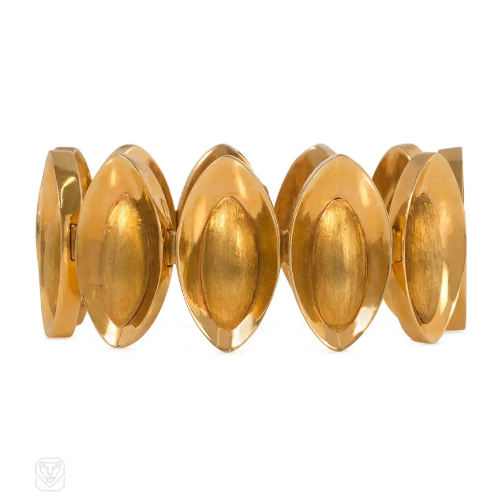 Women’s designer bangle-Gold navette link bracelet with Florentine finish