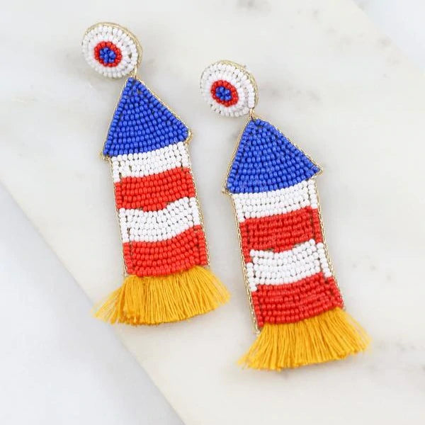 Women’s anniversary earrings-Beaded Earrings, Patriotic Fireworks