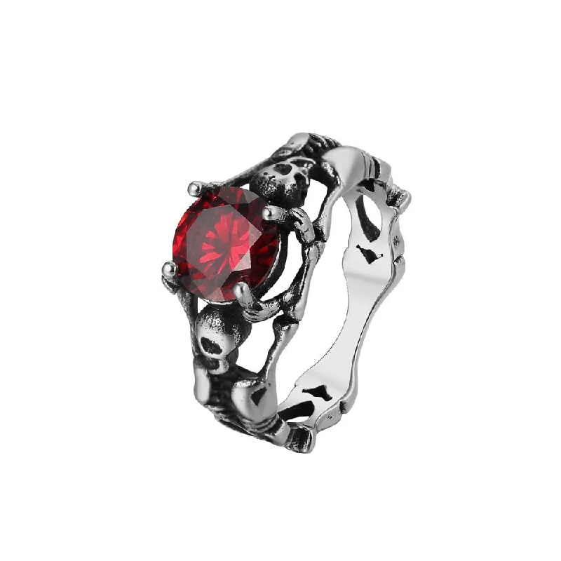 Women’s diamond wedding ring-Garnet Skeleton Ring Ruby Gothic Engagement Ring Titanium Steel