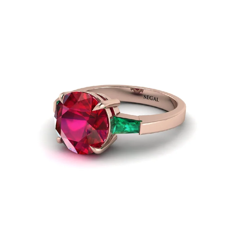 Women’s simple diamond ring-3 Stone Round Cut Ruby With 2 Baguettes Engagement Ring - Gwendolyn No. 26