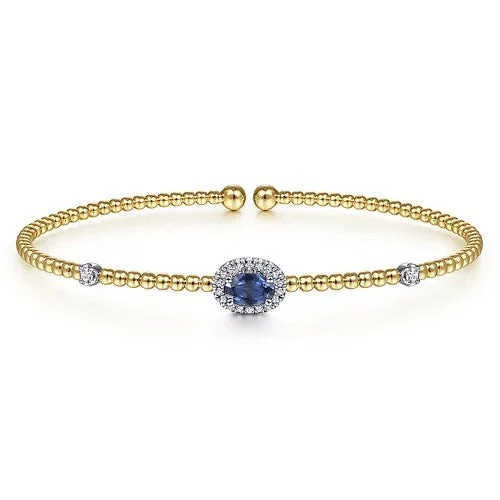 Women’s minimalist bracelet-14K White-Yellow Gold Bujukan Bead Cuff Bracelet with Sapphire and Diamond Halo Station