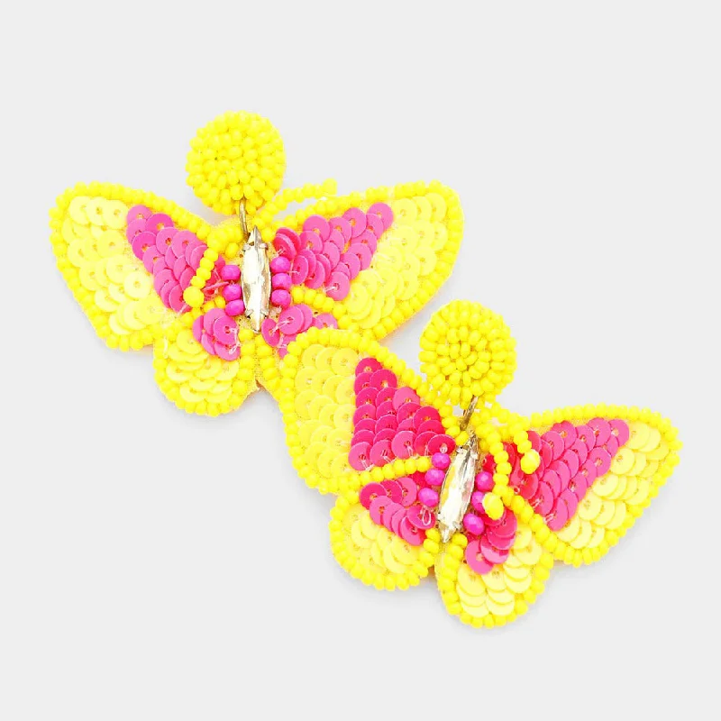 Women’s modern earrings-Beaded Earrings, Yellow Butterflies