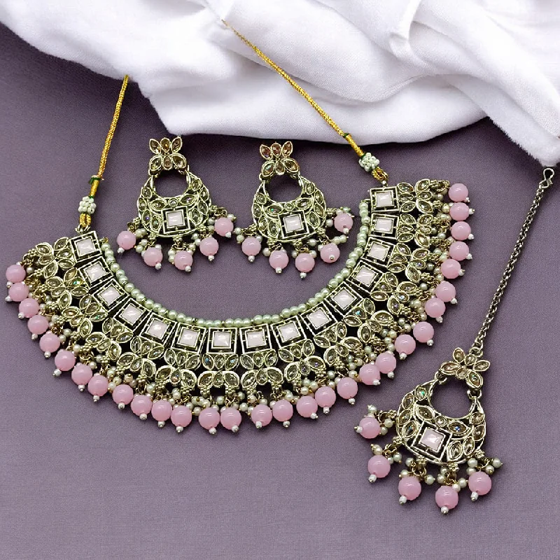 Women’s pearl drop necklaces-Gehana Mahal Gold Plated Crystal Stone Pearl And Beads Necklace Set