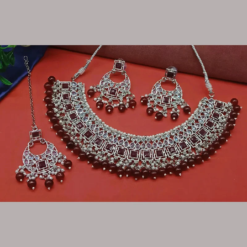 Women’s stylish pendant necklaces-Gehana Mahal Silver Plated Crystal Stone Pearl And Beads Necklace Set