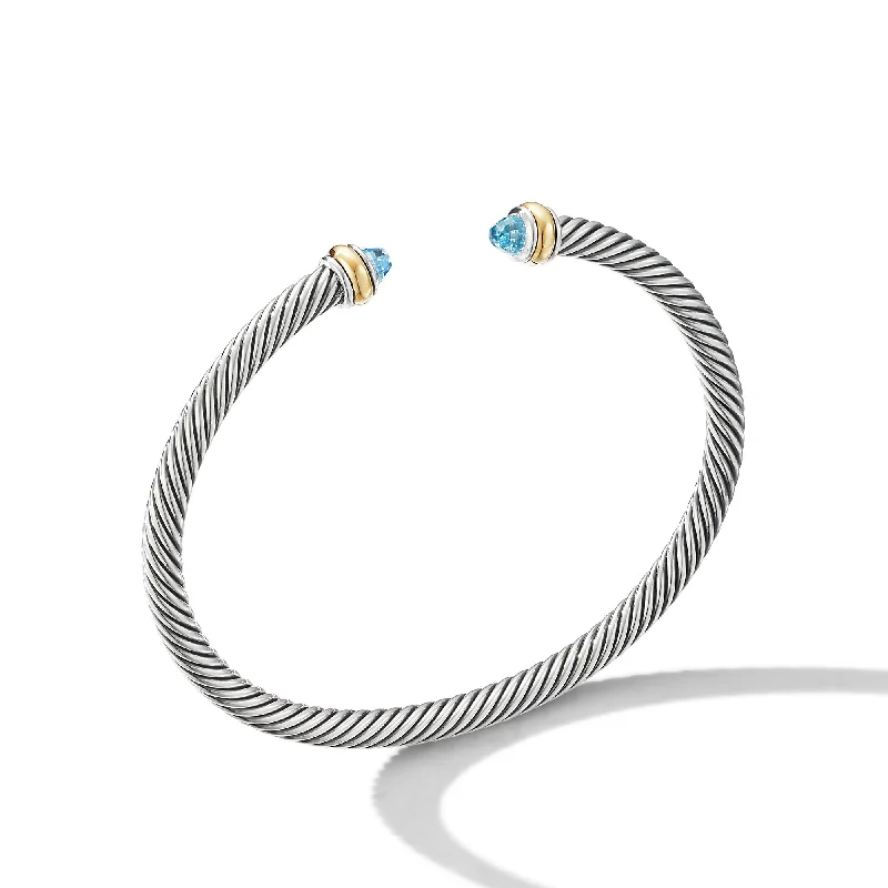 Women’s gemstone bracelet-Classic Cable Bracelet in Sterling Silver with 18K Yellow Gold and Blue Topaz\, 4mm